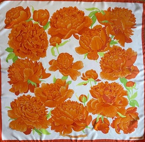 HERMES Les PIVOINES orange scarf, first published in 1970 and reissued in 1990 France