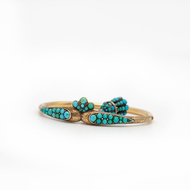 Gold Late 19th Century Victorian 18k Yellow Gold Turquoise Charm Bangle For Sale - Image 8 of 10