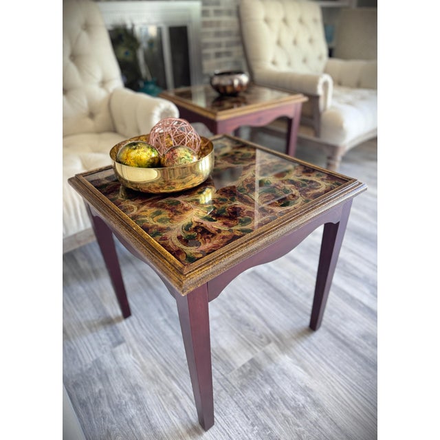 Burgundy Late 20th Century Peruvian Reverse-Painted Glass Top Gilt Border Wood Side Tables Pair For Sale - Image 8 of 15