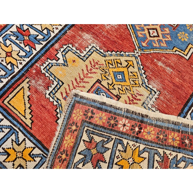 Tribal Vintage Handwoven Caucasian Kazak Rug, Geometric Pattern, Red & Ivory, 4' x 7' For Sale - Image 3 of 18