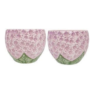Pink Hydrangea Form Pottery Planter Pots - Set of 2 For Sale