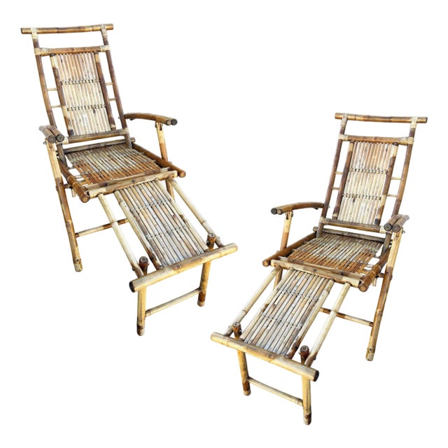 Early 20th Century Restored Aesthetic Movement Tiger Bamboo Garden/Patio Fold Lounge Recliner, Pair For Sale