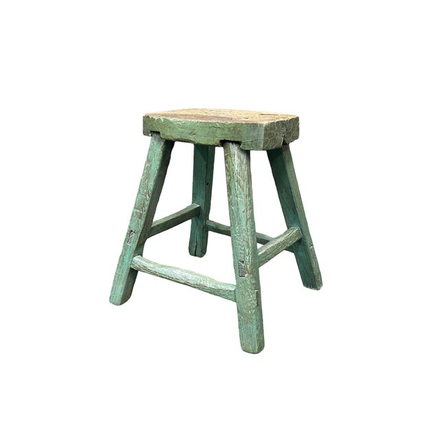 1970s Rustic Bold Distressed Light Sage Green 4 Legs Wood Stool Side Table Stand For Sale - Image 5 of 15