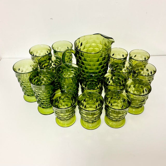 1960s Vintage Boho Chic Americana Indiana Glass Whitehall Pitcher & Glassware Set - 17 Pieces For Sale - Image 6 of 17