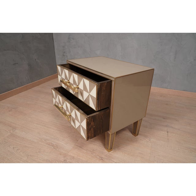 Brown Square White and Dove-Gray Color Glass and Brass Nightstand, 2000, Set of 2 For Sale - Image 8 of 11