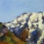 Two snow-capped mountains meet under a clear blue sky in this vivid French watercolor, circa 1930. Original artwork on...