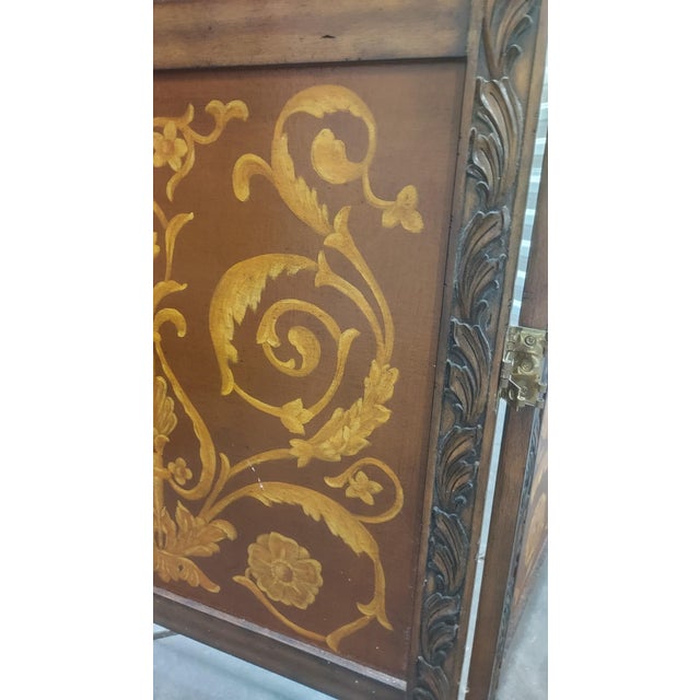 Baroque 19th-Century Replica Three-Panel Folding Screen — Oil-Painted Italian Landscapes With Carved Walnut Frame & Marquetry Inlay For Sale - Image 3 of 10