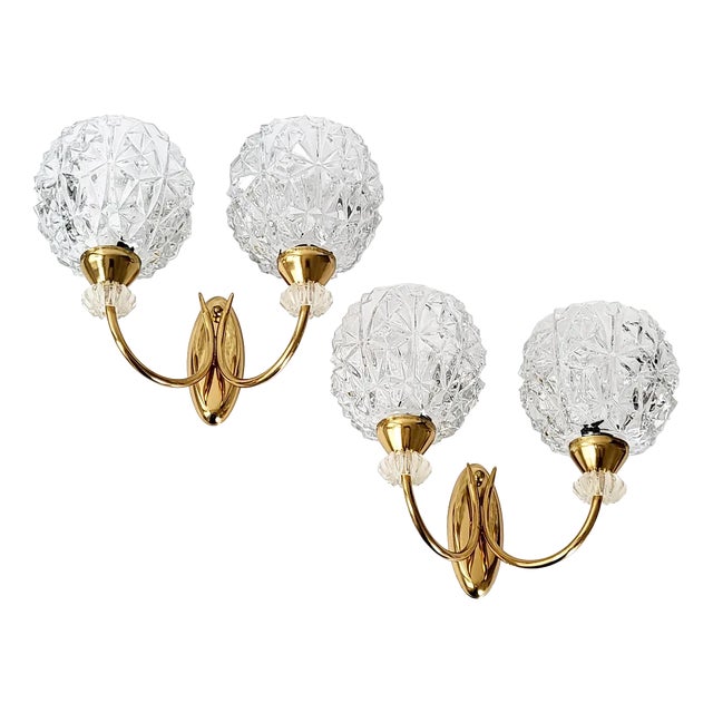Vintage French Wall Lights in Brass and Glass, 1950, Set of 2 For Sale
