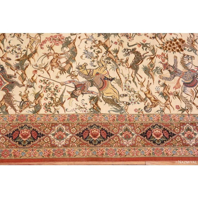 Alabaster Nazmiyal Collection 1950s Pictorial Hunting Scene Vintage Persian Silk Qum Rug For Sale - Image 8 of 8