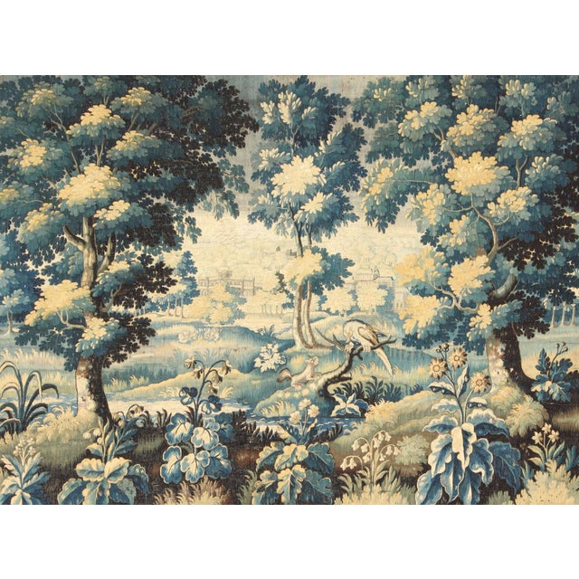 Figurative 17th Century Antique Tapestry With Woodland Scene and Floral Border in Blue Tone For Sale - Image 3 of 11
