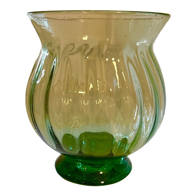 Mid-Century Mold-Blown Green Glass Vase A sculptural study in weight and texture, this vintage green glass vase features...