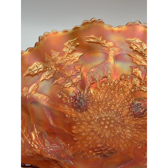 Vintage Fenton Marigold Stag & Holly Carnival Glass Footed Bow 11” X 4” For Sale - Image 4 of 9