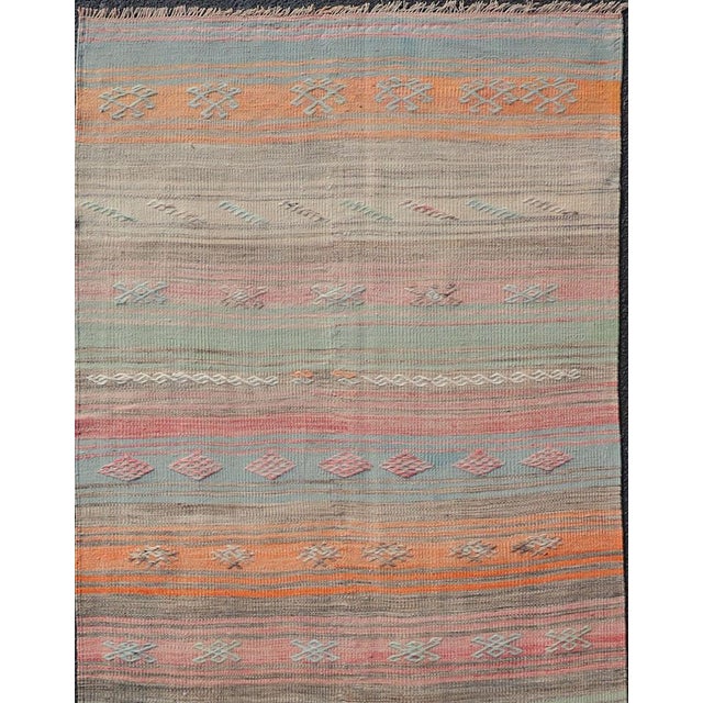 Traditional Vintage Turkish Kilim Runner With Pastel Coral, Sage and Blue Stripes For Sale - Image 3 of 10