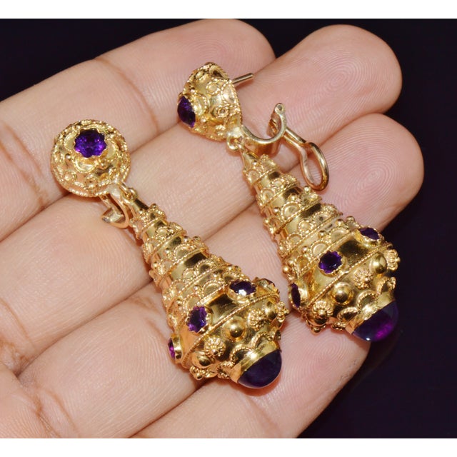 Late 19th Century Late 19th Century Gorgeous Italian Etruscan Revival 18k 750 Solid Gold Amethyst Dangle Chandelier Earrings For Sale - Image 5 of 13