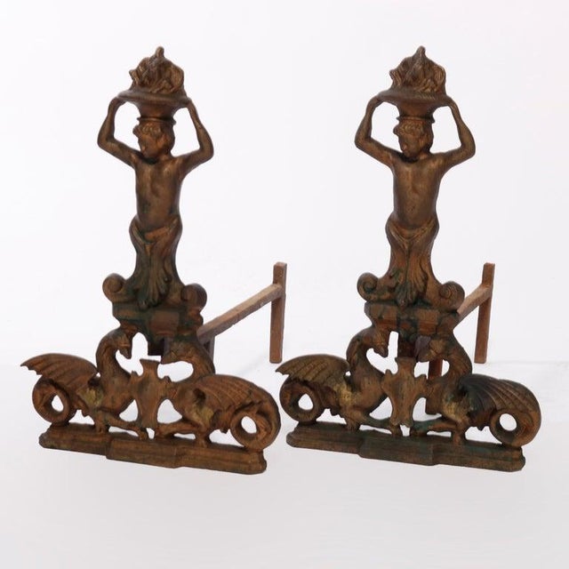 Neoclassical Antique Neoclassical Figural Cast & Wrought Iron Fireplace Andirons, Circa 1900 For Sale - Image 3 of 9