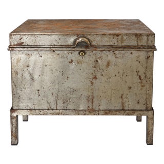 Antique Industrial Steel Trunk Chest on Stand With Aged Patina For Sale