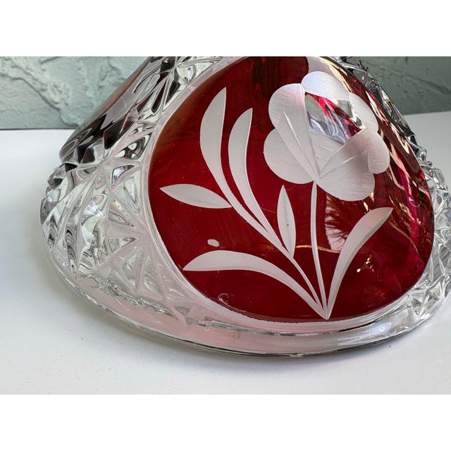 Vintage German Hofbauer Ruby Flashed & Etched Lead Crystal Covered Candy Dish With Rose Motif For Sale - Image 11 of 11