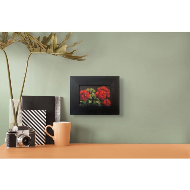 Geraniums by Barbara Hack | Oil on canvas board Red geranium flowers with green leaves. For Sale - Image 4 of 4