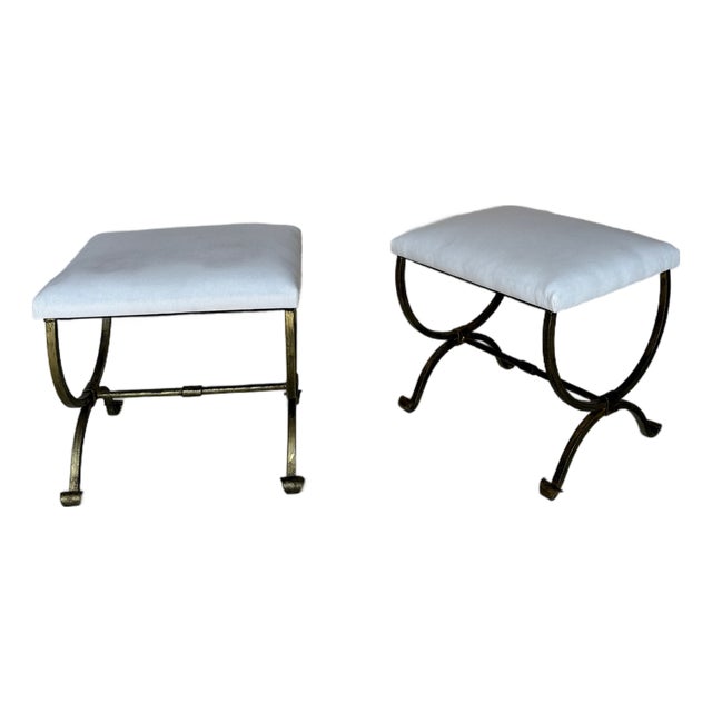 Pair of Small Hand Forged Spanish Gilt Iron Benches in Muslin For Sale