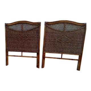 1980s Twin Size Headboard Tommy Bahama Style Dark Tone Wicker Rattan Set of 2 For Sale