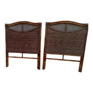 1980s Twin Size Headboard Tommy Bahama Style Dark Tone Wicker Rattan Set of 2