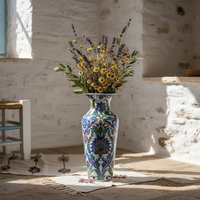 White Handmade Ceramic Imperial Palace Vase (60cm) Classic White Symmetrical Saz-Hatai Pattern For Sale - Image 8 of 12