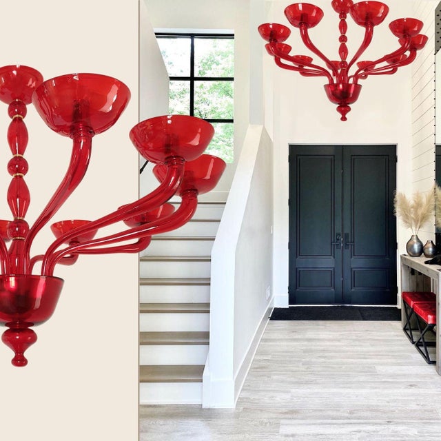 Large red Mid-Century Modern Murano glass chandelier, Venini style, Italy 1980s. A shiny carmine red handmade Murano glass...