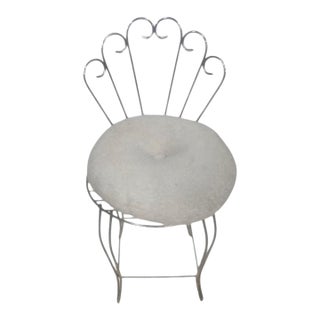Vintage Hollywood Regency Gold-Tone Scroll Back Vanity Chair With White Bouclé Cushion For Sale