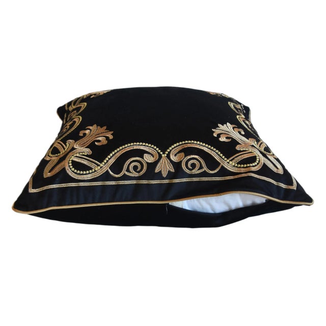 Textile Gold Embroidered Floral Botanical Black Velvet Feather/Down Pillow 20" Square For Sale - Image 7 of 8