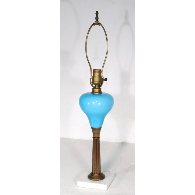 Metal Early 20th Century Electrified Oil Lamp With French Blue Opaline Glass Font For Sale - Image 7 of 10