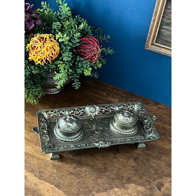 Antique Brass Double Inkwell Stand For Sale - Image 4 of 18