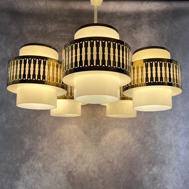 Gold Six-Arm Chandelier by Bent Karlby for Lyfa, Denmark, 1970s For Sale - Image 8 of 18