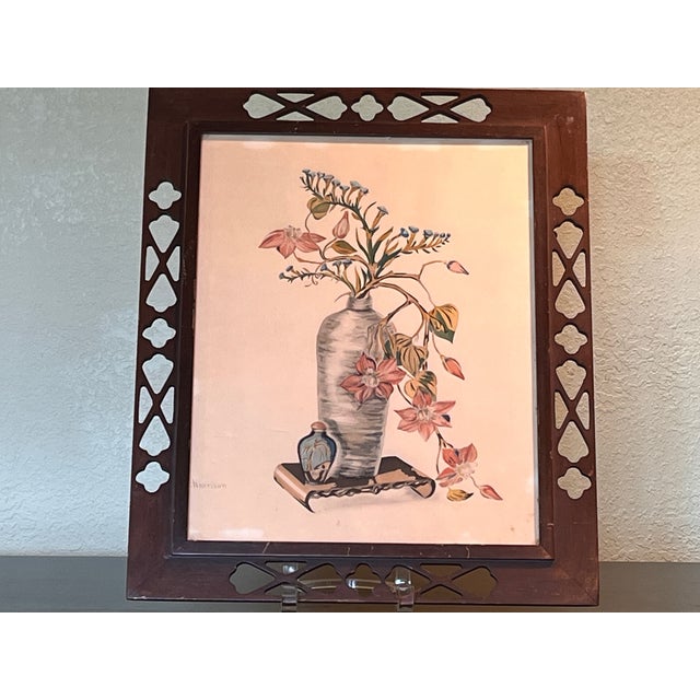 Wood Vintage Harrison Chinoiserie Floral Still Life Fretwork Wood Frame 19x15.5 For Sale - Image 7 of 7
