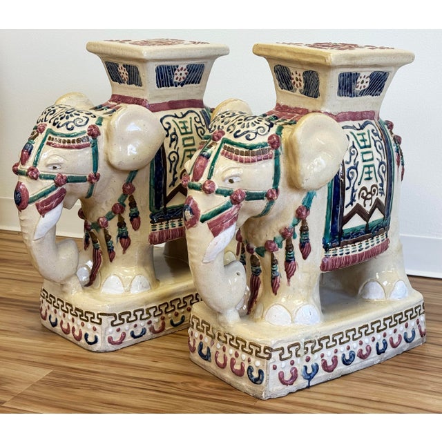 Mid 20th Century Vintage Ceramic Elephant Motif Garden Stools, a Pair For Sale - Image 5 of 9