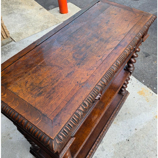 Antique English Jacobean Revival Oak Server With Carved Grotesque Masks and Barley Twist Supports, Circa 1830 For Sale - Image 14 of 18