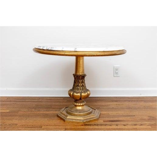 Wood 1960s Hollywood Regency Style Marbled Stone Top Round Table on Gilt Finished Wood Pedestal For Sale - Image 7 of 7