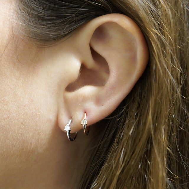 Metal Natural Diamond 14k Huggie Hoop Earrings Multi Ear Placement - 2 Pieces For Sale - Image 7 of 8