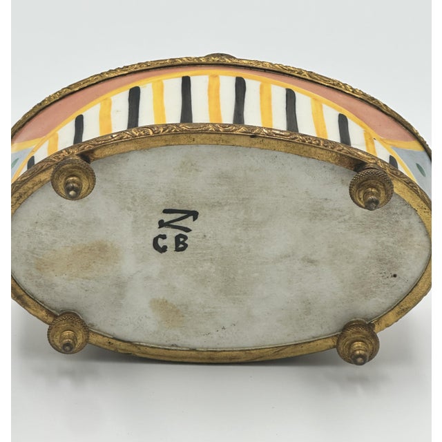 Victorian Antique Enameled & Gilt Metal Inkwell • Hand‑Painted Porcelain Base • Ornate Desk Accessory For Sale - Image 3 of 7