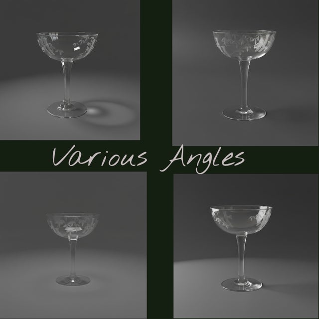 Vintage Sasaki Noritake Bamboo Etched Crystal Champagne Coupe Glasses - Set 7 For Sale - Image 9 of 10