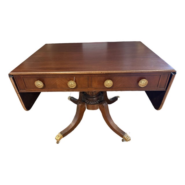 Elegant Mahogany and Brass Drop-Leaf Expandable Sofa Table With Drop Down Sides For Sale