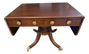 Elegant Mahogany and Brass Drop-Leaf Expandable Sofa Table With Drop Down Sides