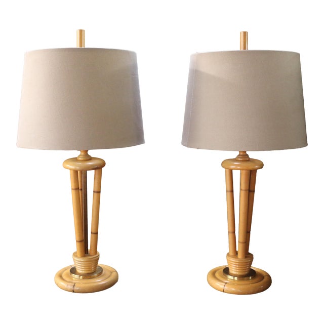 1950s Heywood-Wakefield Bamboo Style Table Lamps | Pair of Mid Century Modern Wood Lamps For Sale