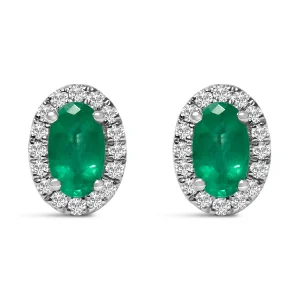 10K White Gold 5x3 MM Oval Green Emerald and Diamond Halo Stud Earrings (I-J Color, I1-I2 Clarity)