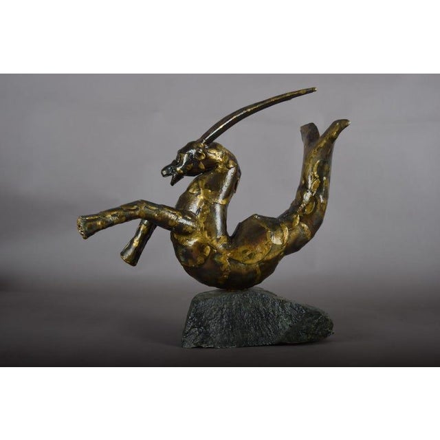 Stone Bronze Capricorn Sculpture, Signed Faust 1994 — Mythical Zodiac Form on Stone Base For Sale - Image 7 of 14