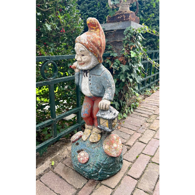 Vintage Concrete Garden Gnome with Weathered Polychrome Paint, 1950s For Sale - Image 4 of 13