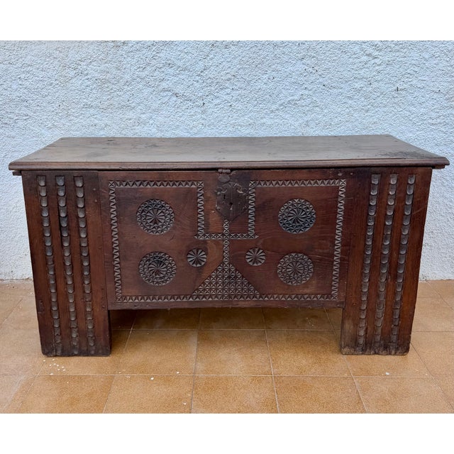 Rustic Antique Spanish Carved Wooden Chest with Geometric Motifs, 1850 For Sale - Image 3 of 15