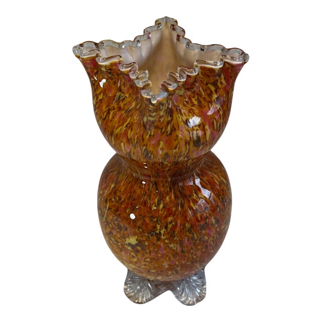 Antique Franz Welz Style Art Glass Orange Confetti Vase With Crimped Lip For Sale
