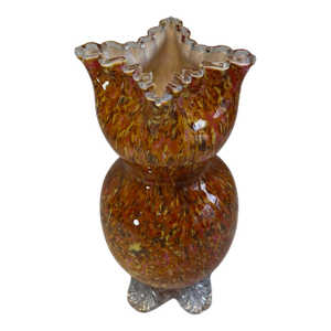 Antique Franz Welz Style Art Glass Orange Confetti Vase With Crimped Lip