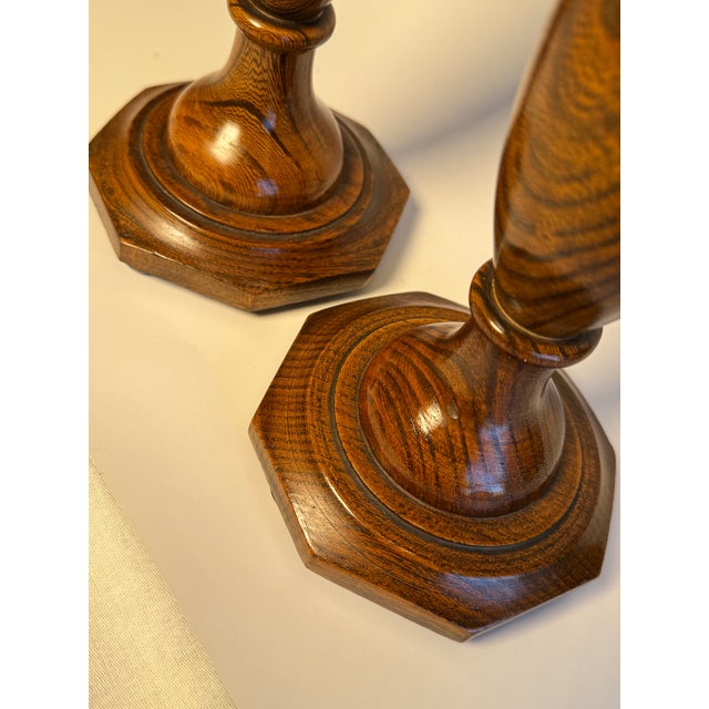 Brown Early 20th Century English Traditional Empire Solid Oak Wood Candlesticks, a Pair For Sale - Image 8 of 12