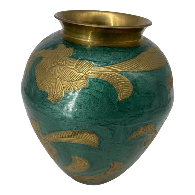 Vintage Turquoise Enamel and Brass Vase For Sale